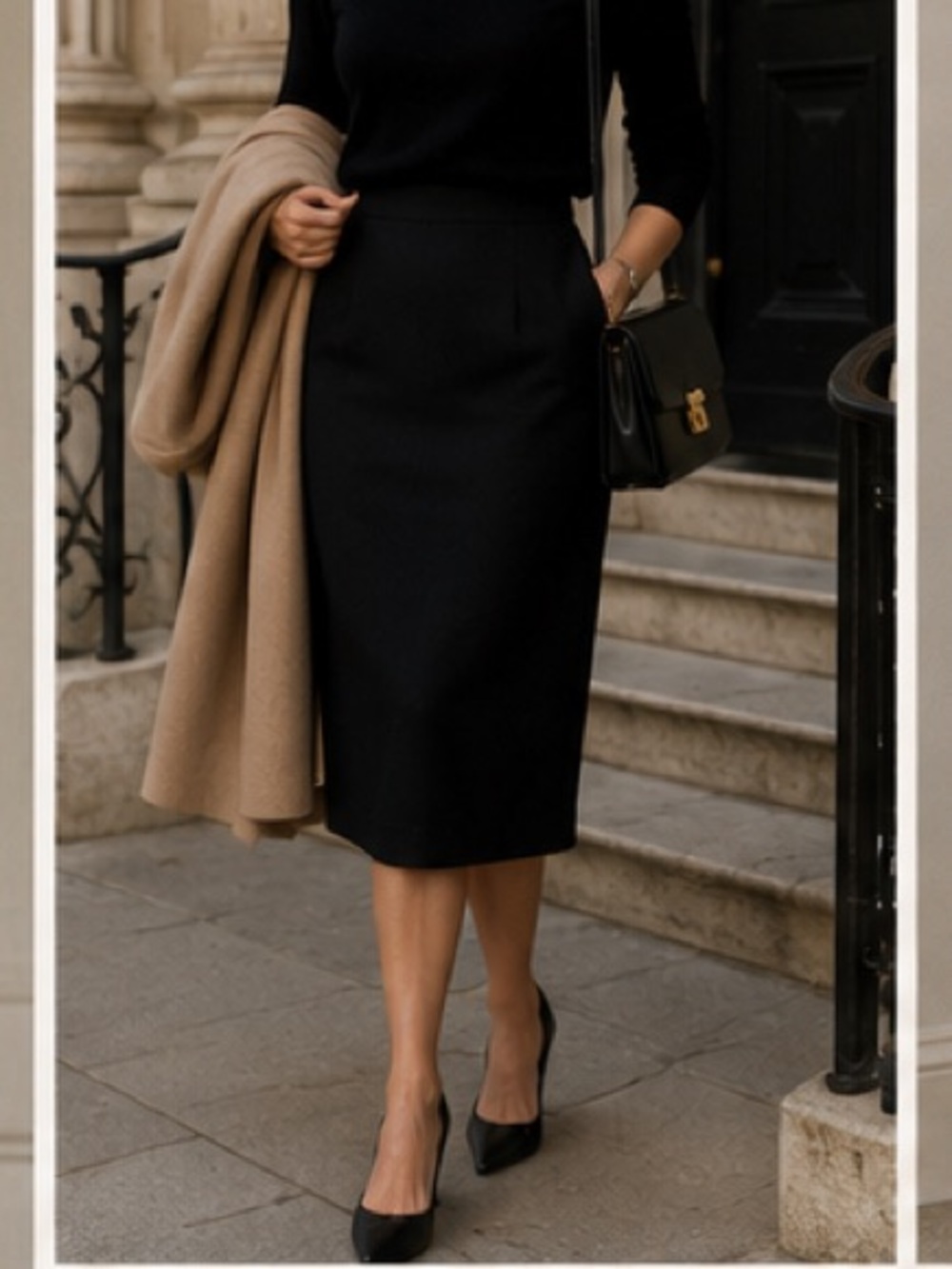 Old money Vintage Tahari 100% wool Black Pencil midi skirt size 12 workwear